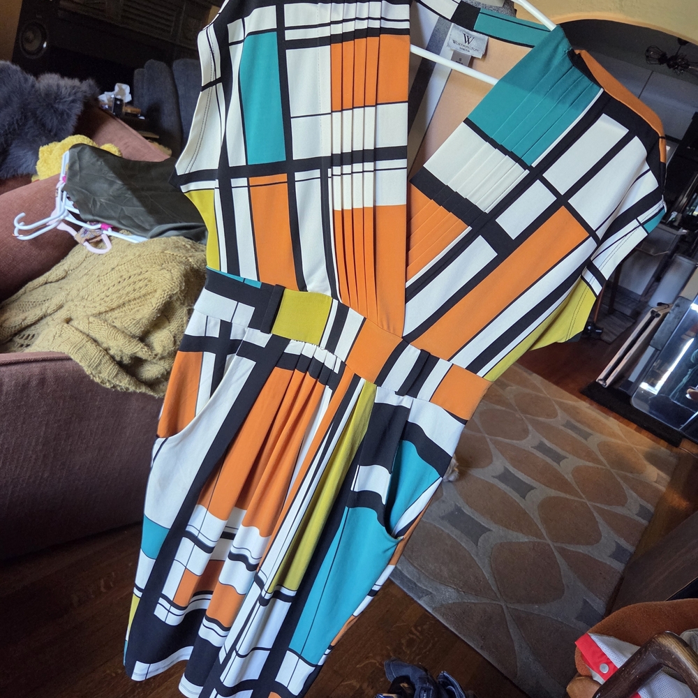 Worthington Geometric Colorblock Dress - Teal & Orange